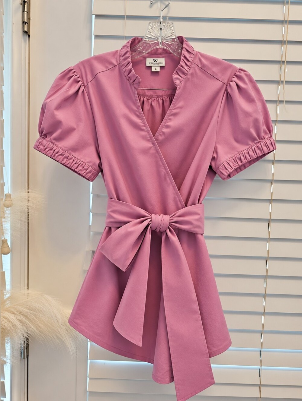 Worthington Pink Puff-Sleeve Wrap Top with Self-Tie Waist